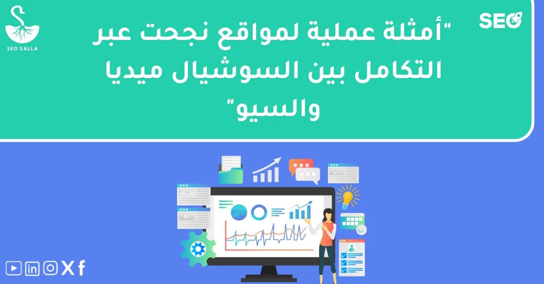 مخطط يوضح تأثير تكامل المواقع مع السوشيال على زيادة الزيارات وتحسين الظهور في محركات البحث.